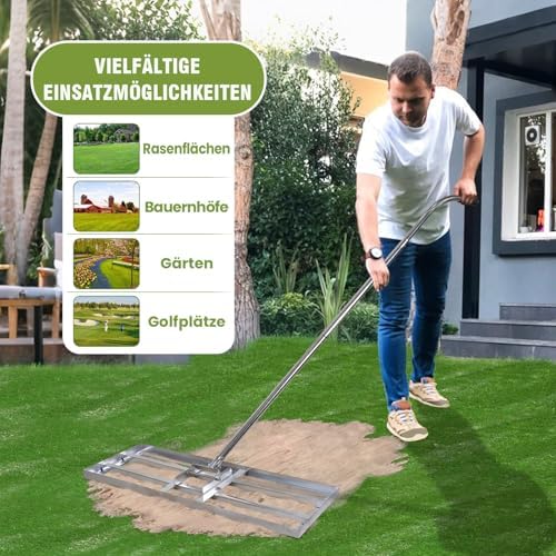 Rasen Rakel Edelstahl 72x25 cm – Verstellbarer Stiel für perfekte Rasenpflege im Garten und Golfplatz