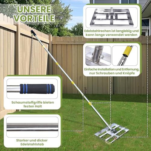 Rasen Rakel Edelstahl 72x25 cm – Verstellbarer Stiel für perfekte Rasenpflege im Garten und Golfplatz